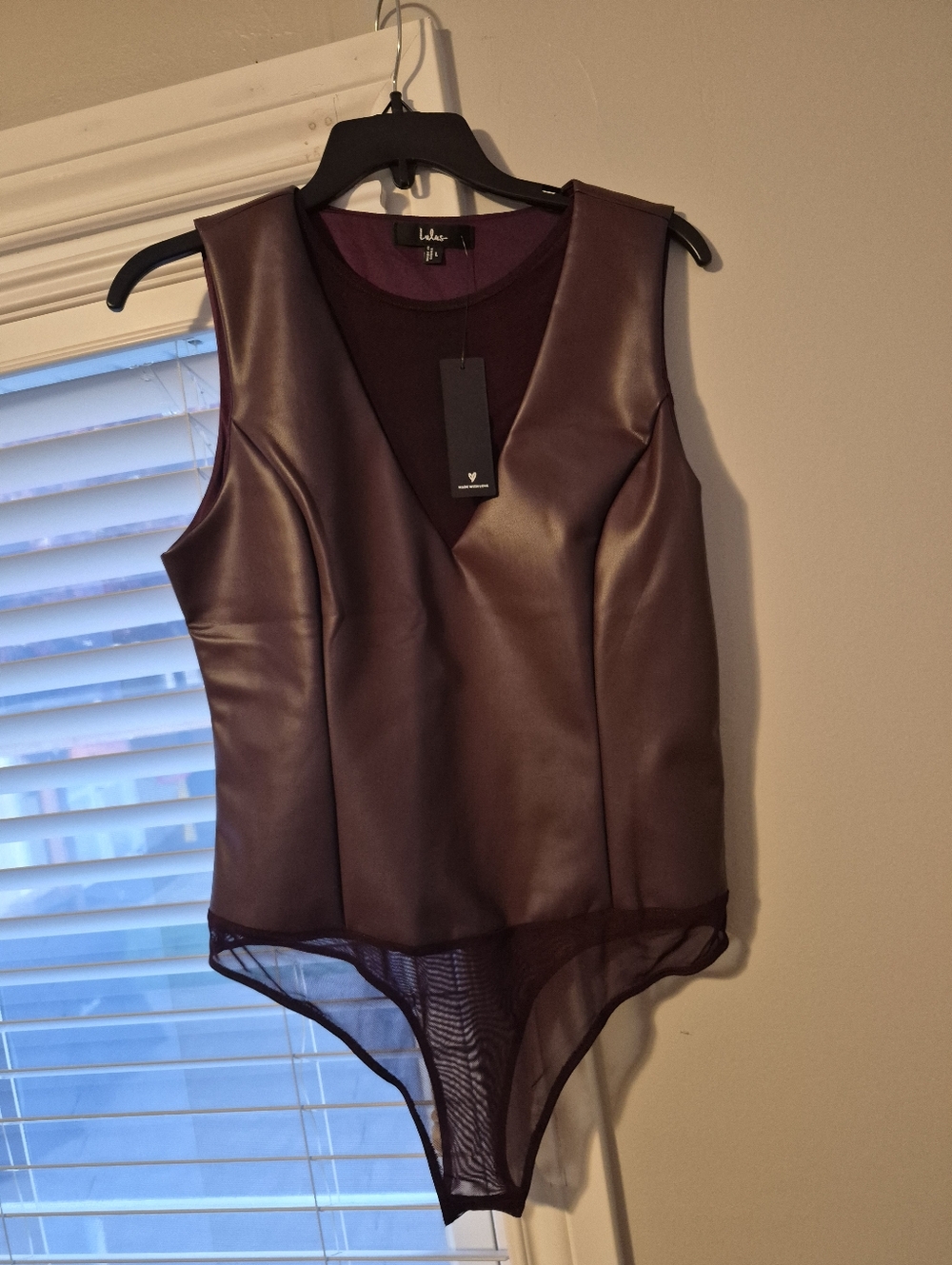 Lulus Leather Tank V-Neck Mesh Front Bodysuit